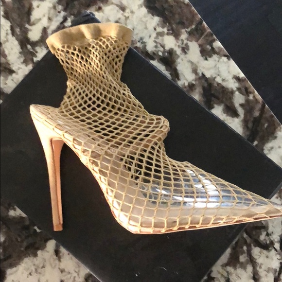 nude fishnet heels